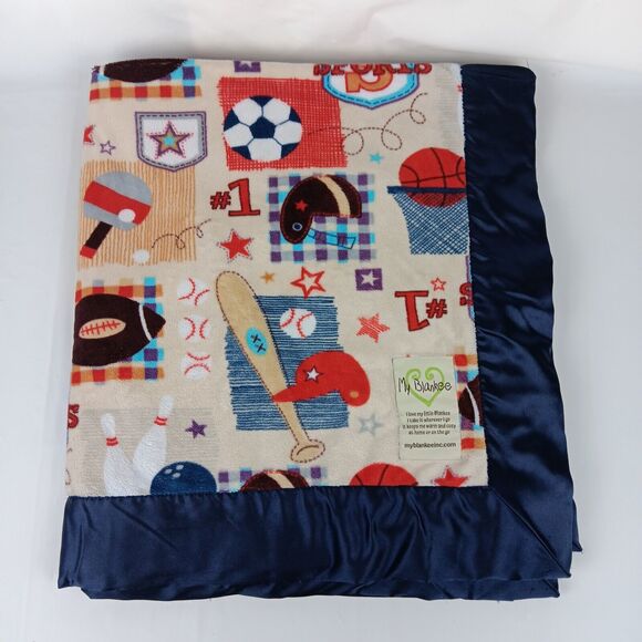 My Blankee Blue Satin Trim Sports Theme Baby Security Blanket Lovey Toddler - Picture 1 of 10